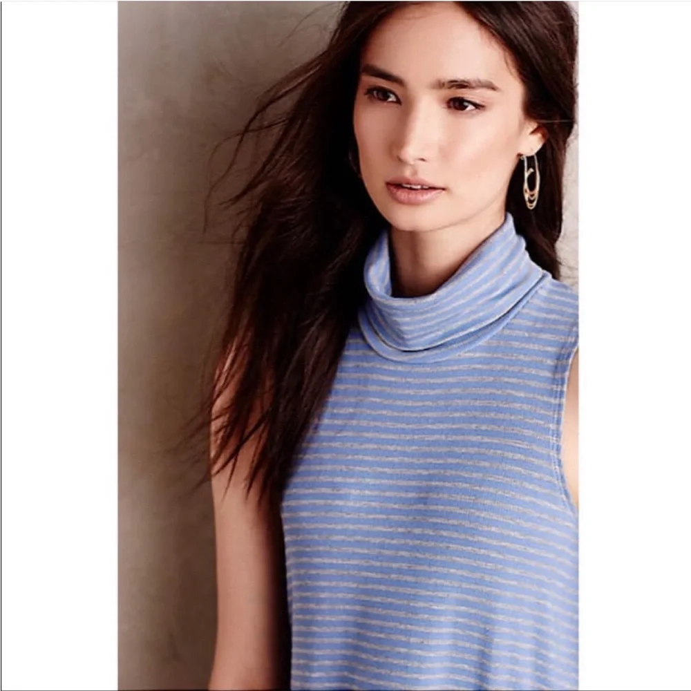 Anthropologie Puella Striped Blue Grey Gray Sleeveless Turtleneck Top Women’s M - Picture 3 of 15